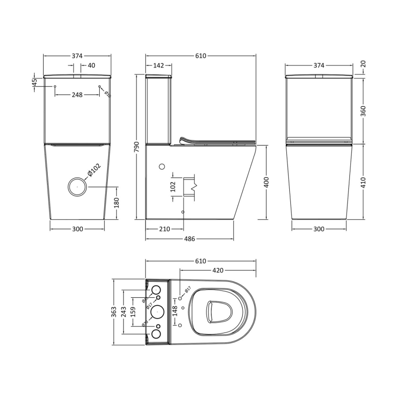 Nuie Freya Rimless Back to Wall Close Coupled Toilet 610mm Projection - Sandwich Soft Close Seat
