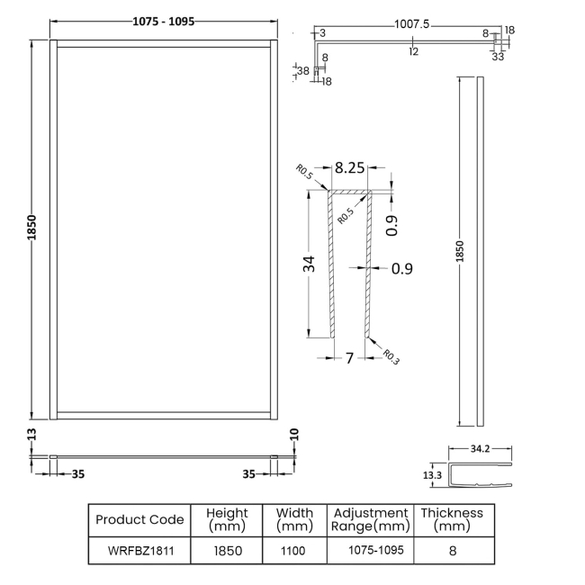 Nuie Full Outer Framed Wetroom Screen 1100mm W x 1850mm H with Support Bar 8mm Glass - Brushed Bronze  | Dimension Image