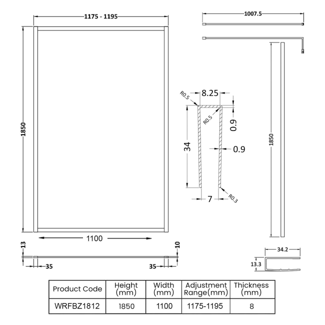 Nuie Full Outer Framed Wetroom Screen 1200mm W x 1850mm H with Support Bar 8mm Glass - Brushed Bronze  | Dimension Image
