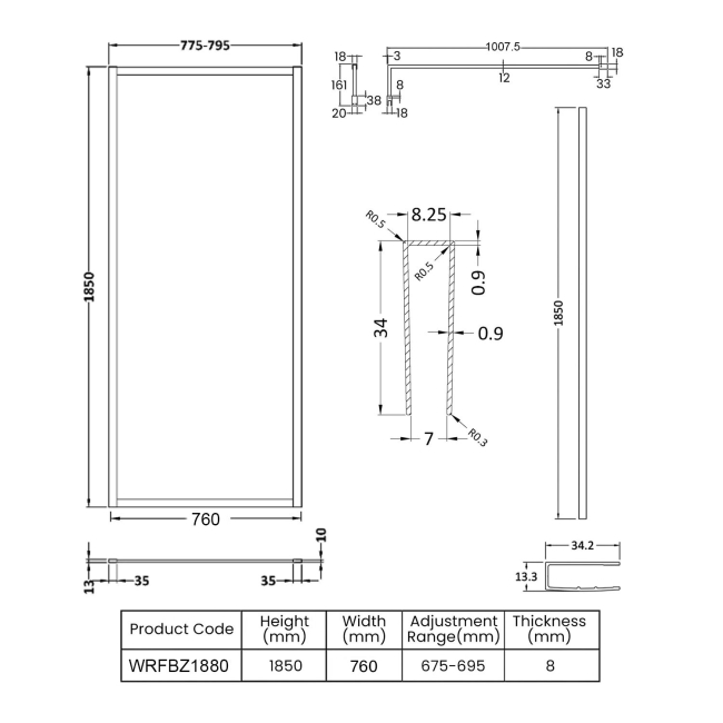 Nuie Full Outer Framed Wetroom Screen 800mm W x 1850mm H with Support Bar 8mm Glass - Brushed Bronze  | Dimension Image