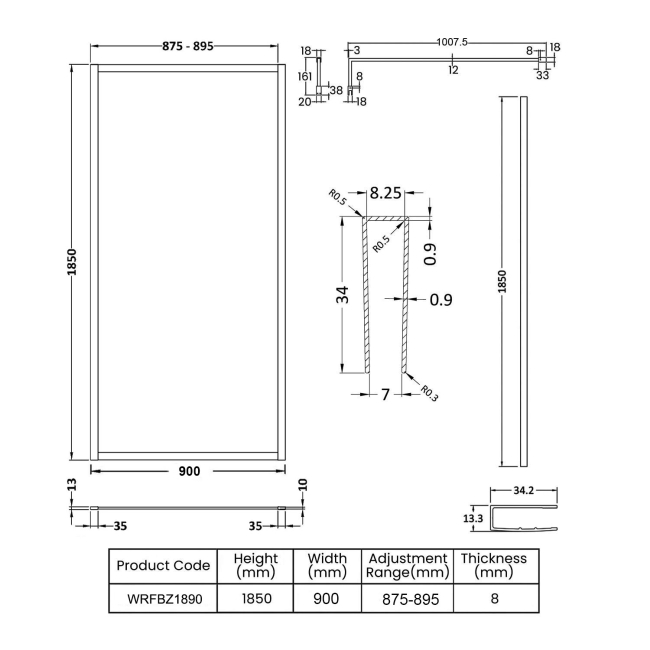 Nuie Full Outer Framed Wetroom Screen 900mm W x 1850mm H with Support Bar 8mm Glass - Brushed Bronze  | Dimension Image