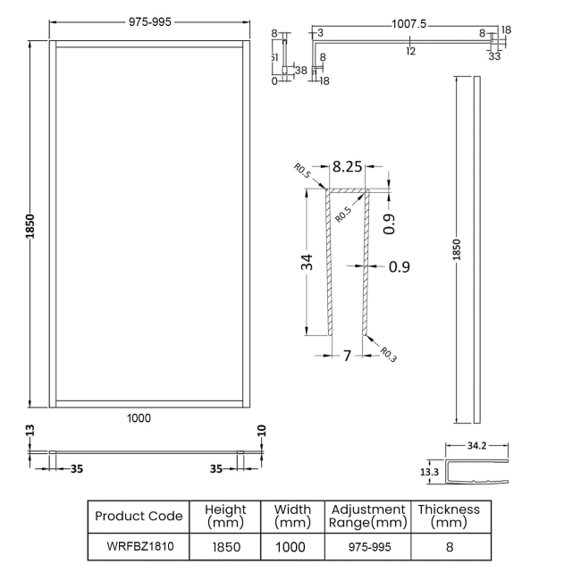 Nuie Full Outer Framed Wetroom Screen 1000mm W x 1850mm H with Support Bar 8mm Glass - Brushed Pewter  | Dimension Image