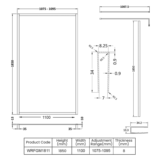 Nuie Full Outer Framed Wetroom Screen 1100mm W x 1850mm H with Support Bar 8mm Glass - Brushed Pewter  | Dimension Image