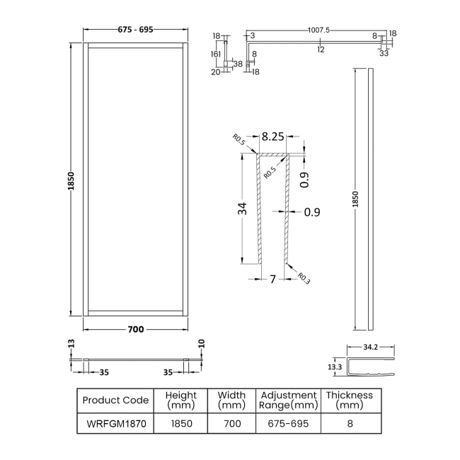 Nuie Full Outer Framed Wetroom Screen 700mm W x 1850mm H with Support Bar 8mm Glass - Brushed Pewter  | Dimension Image