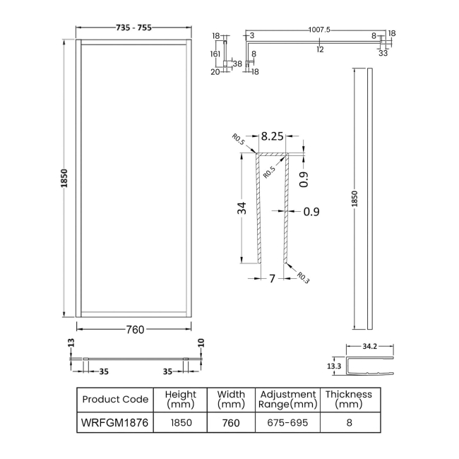 Nuie Full Outer Framed Wetroom Screen 760mm W x 1850mm H with Support Bar 8mm Glass - Brushed Pewter  | Dimension Image