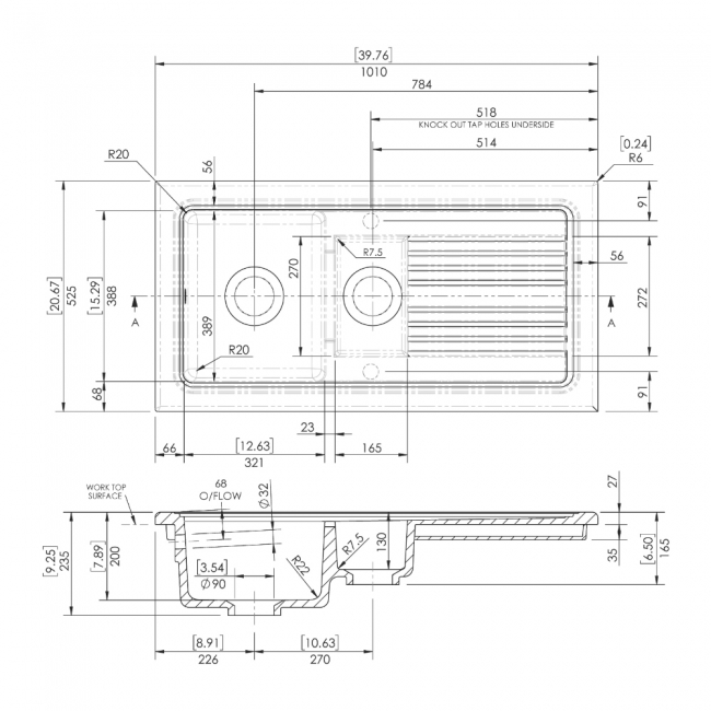 Nuie Inset Fireclay Kitchen Sink 1.5 Bowl 1010mm L x 525mm W - Soft Black