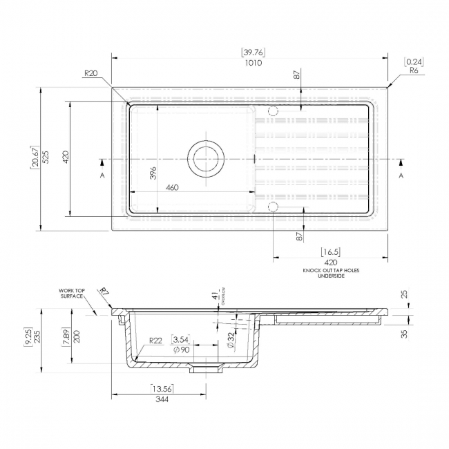 Nuie Inset Kitchen Sink 1.0 Bowl 1010mm L x 525mm W - White