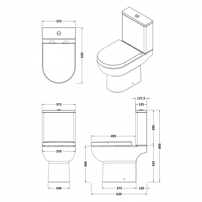 Nuie Isla Compact Open Back Close Coupled Pan with Push Button Cistern - Excluding Seat  | Dimension Image