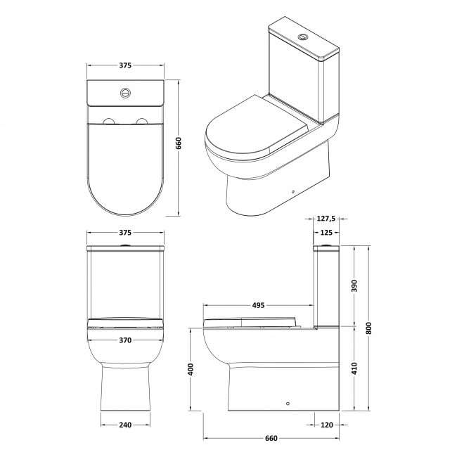 Nuie Isla Back to Wall Close Coupled Pan with Push Button Cistern - Excluding Seat  | Dimension Image