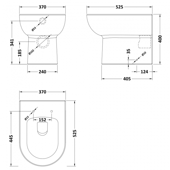 Nuie Isla Back to Wall Pan 525mm Projection - Excluding Seat  | Dimension Image