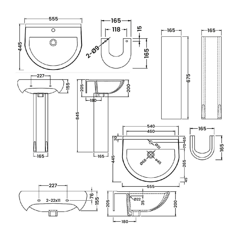 Nuie Ivo Basin and Full Pedestal 555mm Wide - 1 Tap Hole