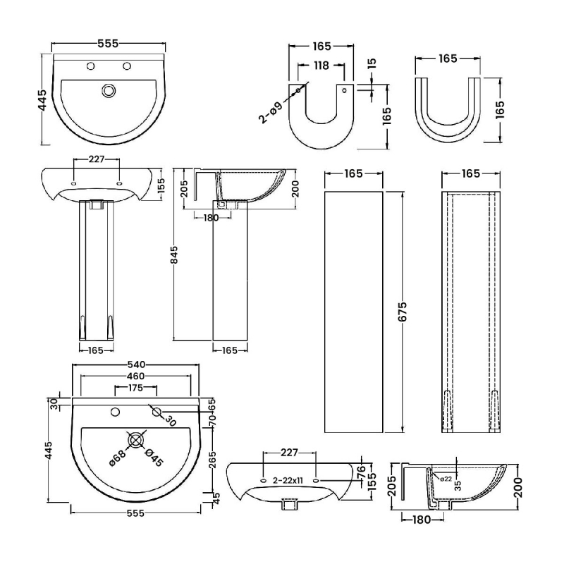 Nuie Ivo Basin and Full Pedestal 555mm Wide - 2 Tap Hole