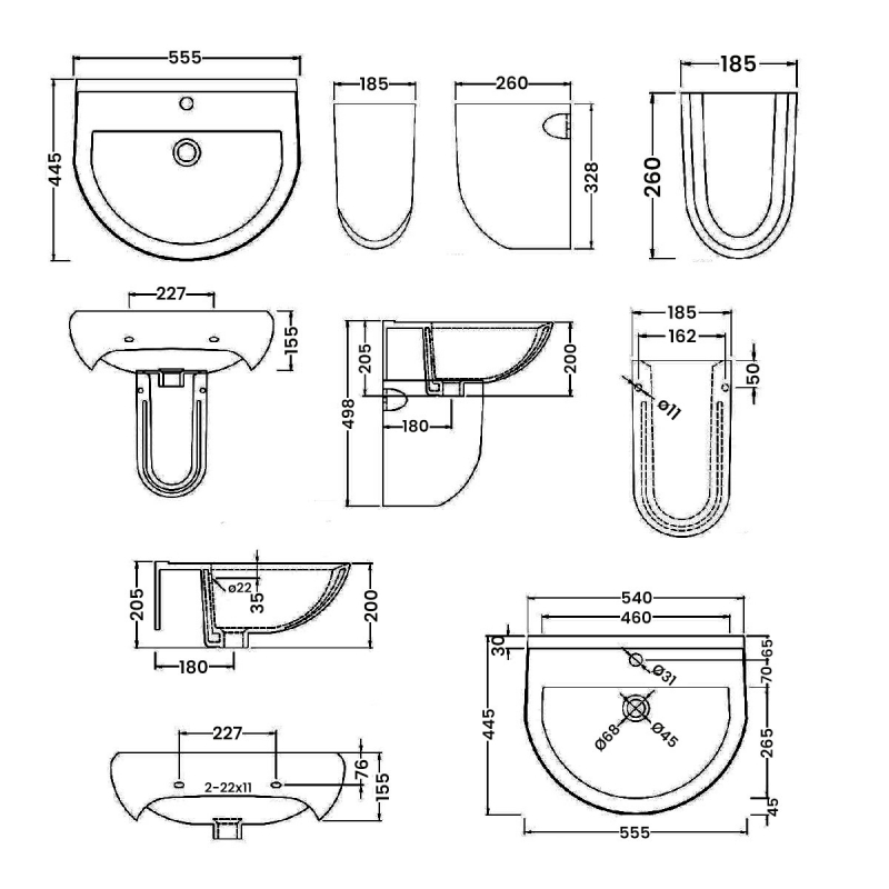 Nuie Ivo Basin and Semi Pedestal 555mm Wide - 2 Tap Hole
