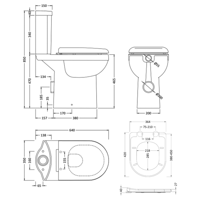 Nuie Ivo Comfort Close Coupled Toilet Push Button Cistern - Thermoplastic Soft Close Seat  | Dimension Image