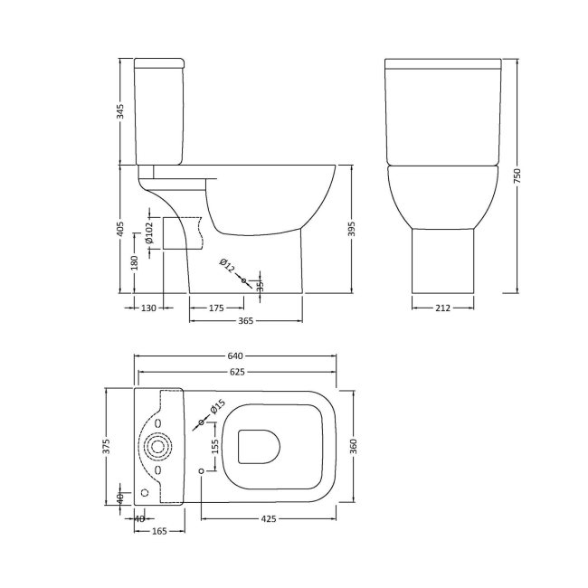 Nuie Ivo Rimless Close Coupled Toilet with Push Button Cistern - Soft Close Seat  | Dimension Image