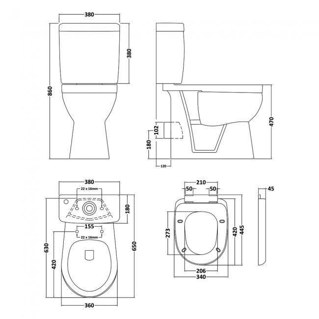 Nuie Ivo Comfort Close Coupled Toilet Push Button Cistern - Standard Seat