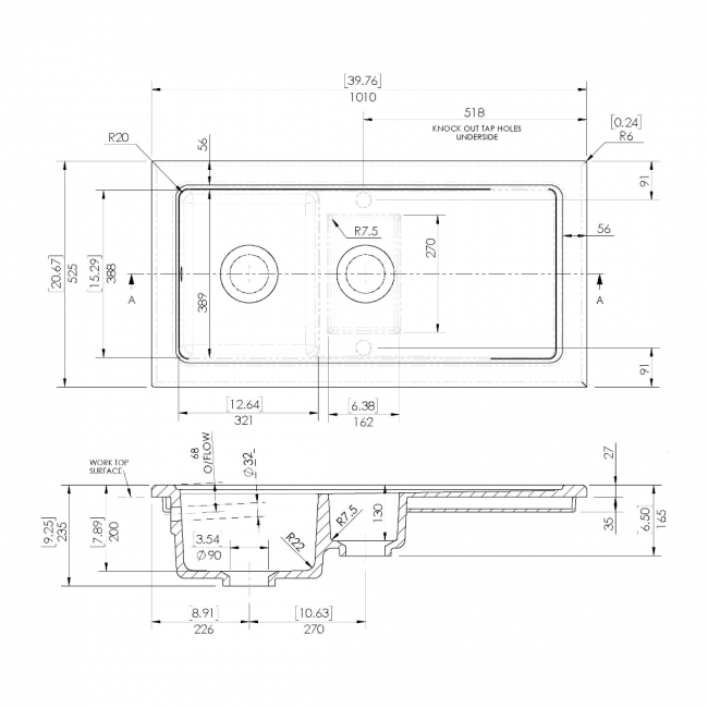 Nuie Inset Fireclay Kitchen Sink 1.5 Bowl 1010mm L x 525mm W - White