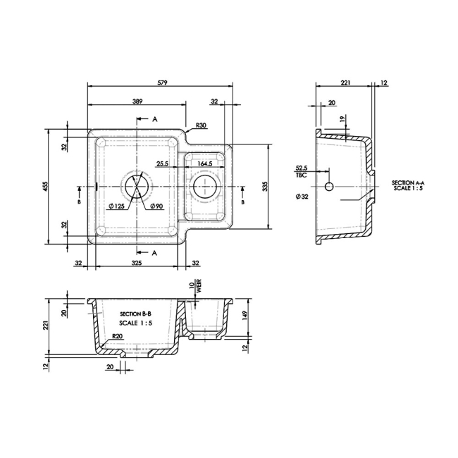Nuie Undermount Fireclay Kitchen Sink 1.5 Bowl with Overflow 579mm L x 445mm W - White  | Dimension Image
