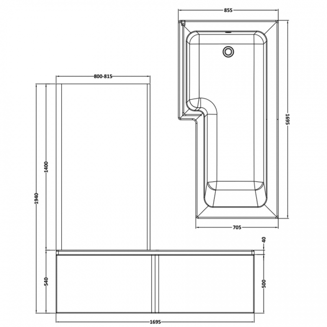 Nuie LShaped Bath SBATH05 1700mm x 850mm Acrylic