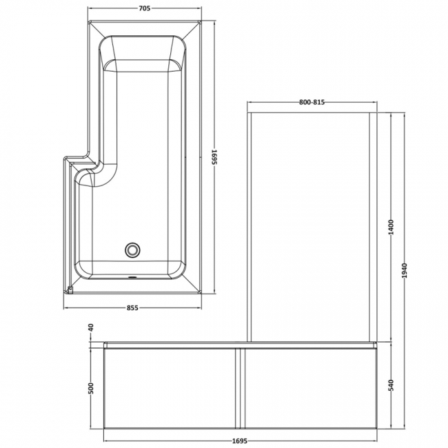 Nuie Square L-Shaped Shower Bath with Front Panel and Screen 1700mm x 700mm/850mm - Right Handed
