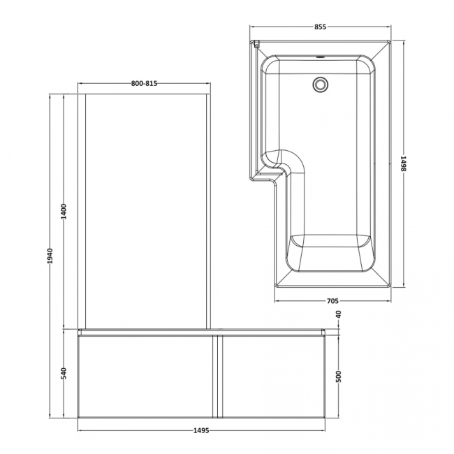 Nuie Square L-Shaped Shower Bath with Front Panel and Screen 1500mm x 700mm/850mm - Left Handed