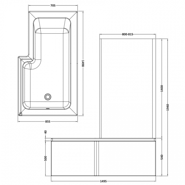 Nuie Square L-Shaped Shower Bath with Front Panel and Screen 1500mm x 700mm/850mm - Right Handed