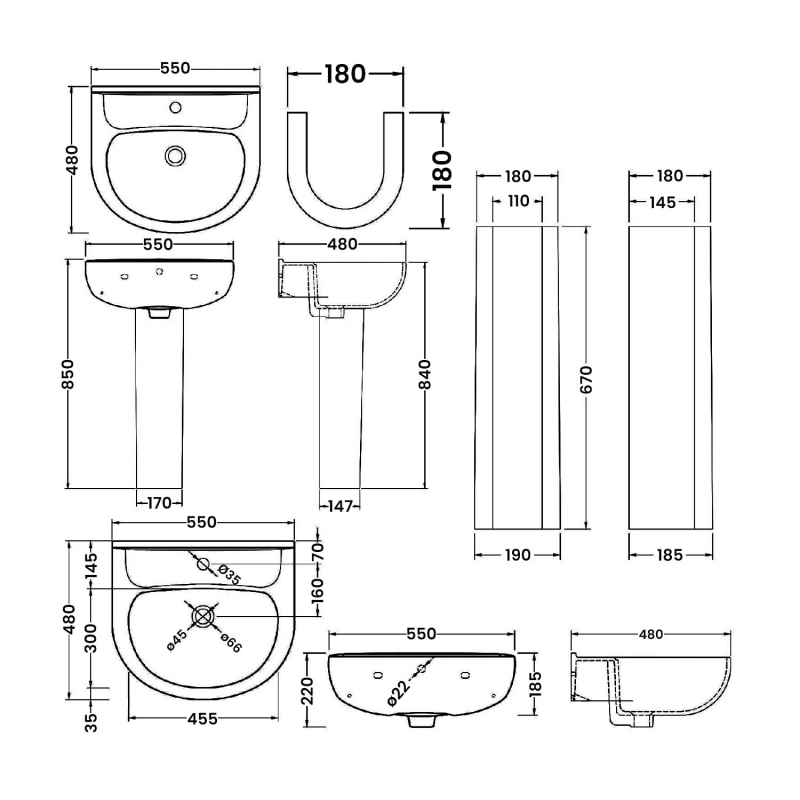 Nuie Lawton Basin and Full Pedestal 550mm Wide - 1 Tap Hole