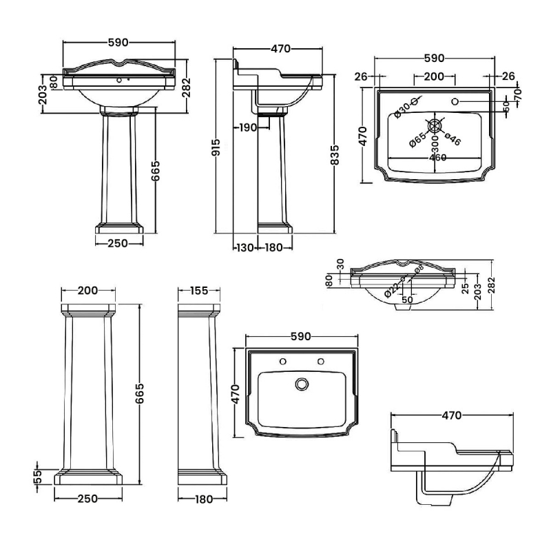 Nuie Legend Basin and Full Pedestal 590mm Wide - 2 Tap Hole