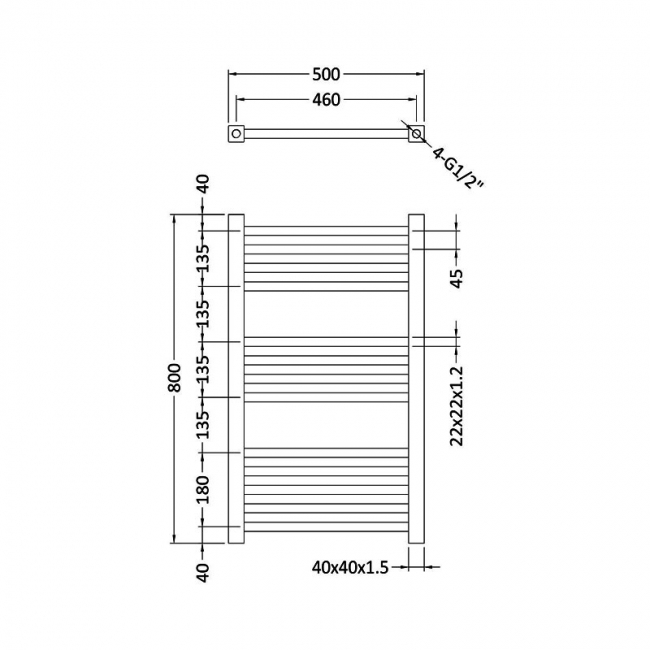 Nuie Level Square Bar Ladder Towel Rail 800mm H x 500mm W - Chrome