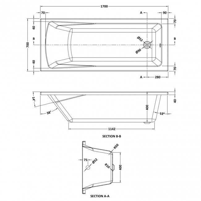 Nuie Linton Square Single Ended Rectangular Bath 1700mm x 700mm - Eternalite Acrylic (inc Leg Set)