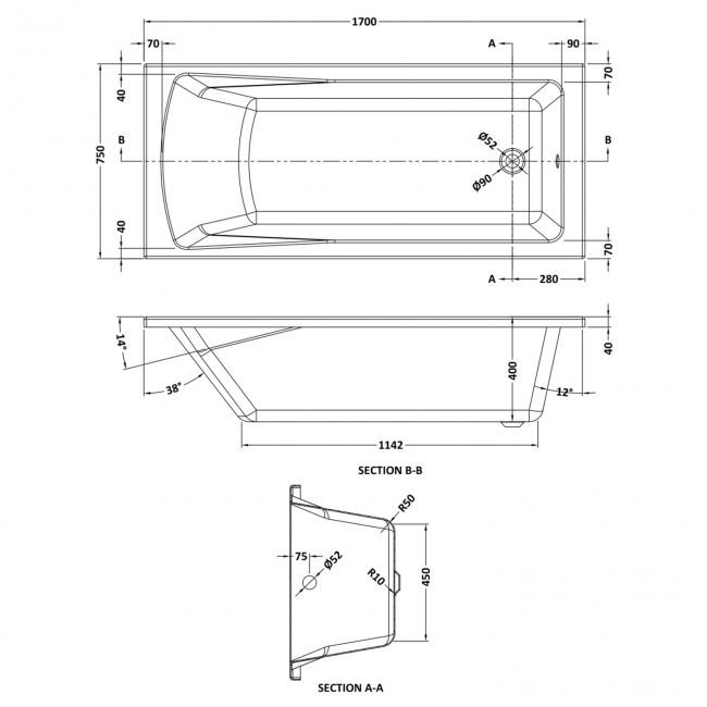 Nuie Linton Square Single Ended Rectangular Bath 1700mm x 750mm - Eternalite Acrylic (inc Leg Set)