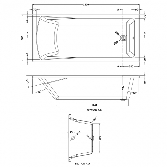 Nuie Linton Square Single Ended Rectangular Bath 1800mm x 800mm - Eternalite Acrylic (inc Leg Set)