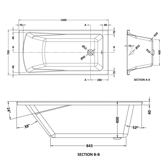 Nuie Linton Single Ended Rectangular Bath 1400mm x 700mm - Acrylic (inc Leg Set)