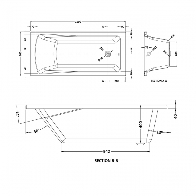 Nuie Linton Single Ended Rectangular Bath 1500mm x 700mm - Acrylic (inc Leg Set)
