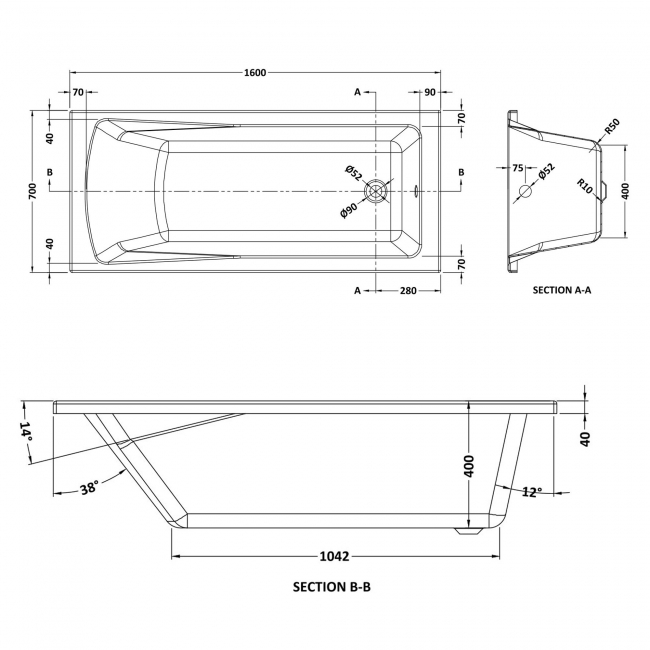 Nuie Linton Single Ended Rectangular Bath 1600mm x 700mm - Acrylic (inc Leg Set)