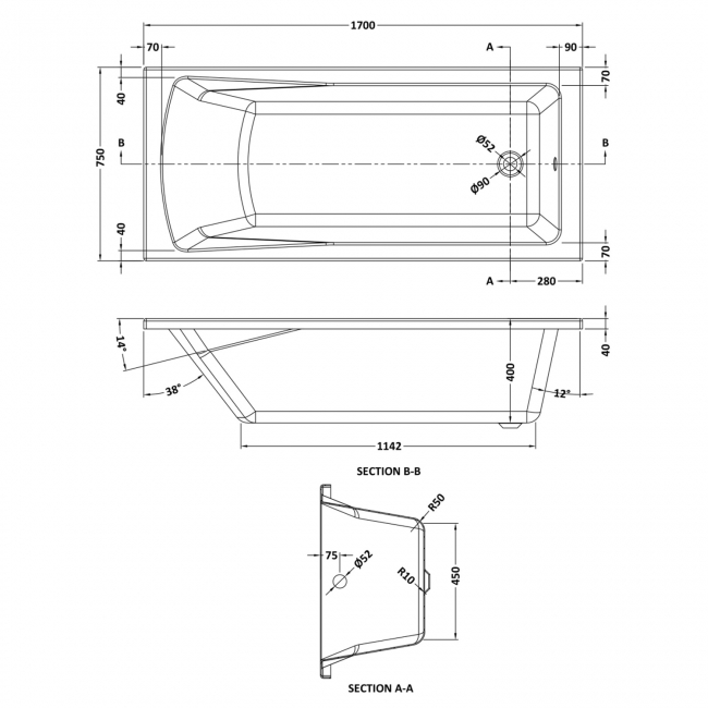 Nuie Linton Single Ended Rectangular Bath 1700mm x 750mm - Acrylic (inc Leg Set)
