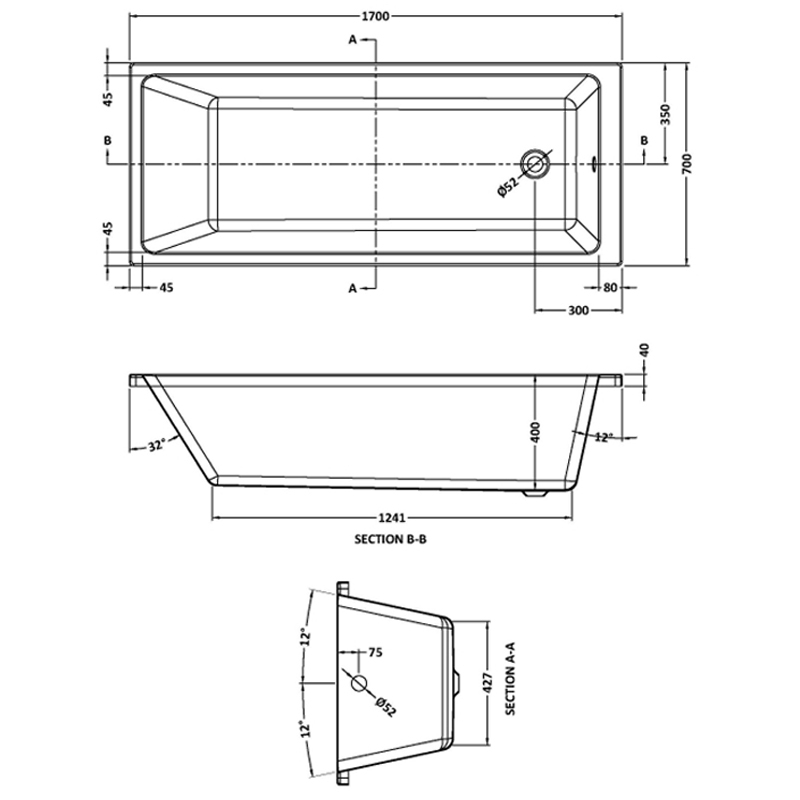 Nuie Linton Thin Edge Single Ended Rectangular Bath 1700mm x 700mm - Acrylic (inc Leg Set)