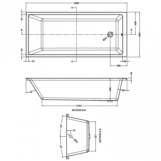Nuie Linton Thin Edge Single Ended Rectangular Bath 1800mm x 800mm - Acrylic (inc Leg Set)