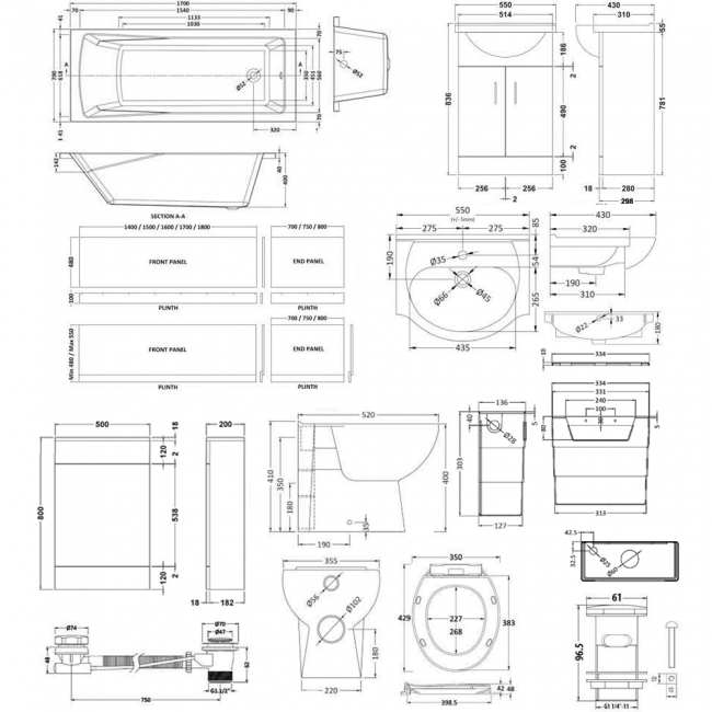 Linton Modern Complete Bathroom Furniture Suite with Single Ended 1700mm X 700mm Bath  | Dimension Image