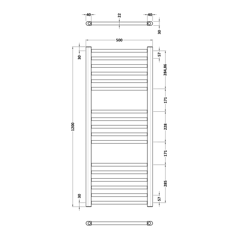 Nuie Lorica Straight Heated Ladder Towel Rail 1200mm H x 500mm W - Brushed Brass  | Dimension Image