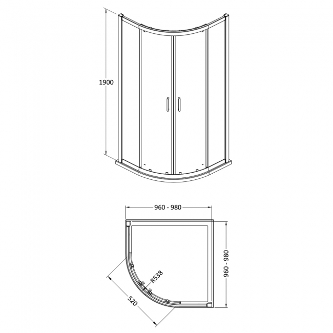 Lucie Matt Black Quadrant Shower Enclosure 1000mm x 1000mm - 8mm Glass  | Dimension Image