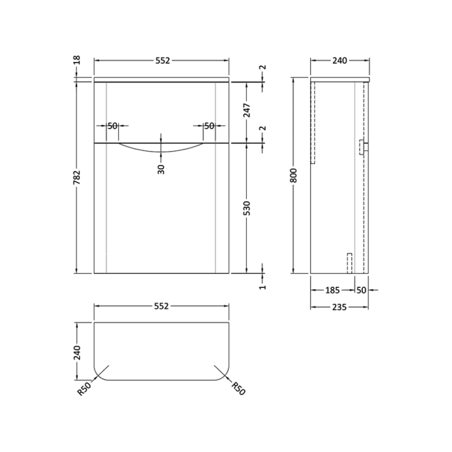 Nuie Lunar Back to Wall WC Toilet Unit 550mm Wide - Satin White  | Dimension Image