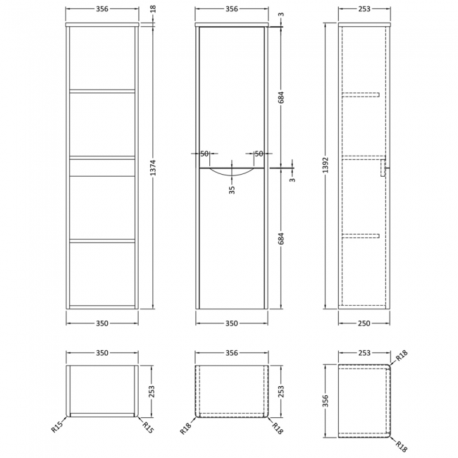 Nuie Lunar Wall Hung 2-Door Tall Unit 356mm Wide - Satin Blue