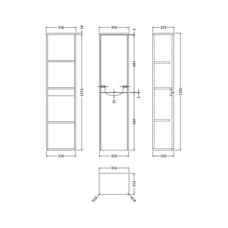 Nuie Lunar Wall Hung 2-Door Tall Unit 356mm Wide - Satin Anthracite