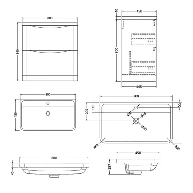 Nuie Lunar Floor Standing 2-Drawer Vanity Unit with Polymarble Basin 800mm Wide - Satin Anthracite