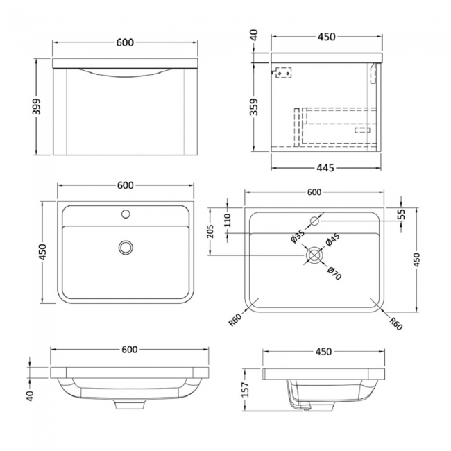 Nuie Lunar Wall Hung 1-Drawer Vanity Unit with Polymarble Basin 600mm Wide - Satin Anthracite