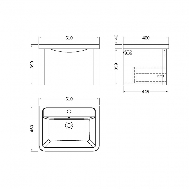 Nuie Lunar Wall Hung 1-Drawer Vanity Unit with Ceramic Basin 600mm Wide - Satin White