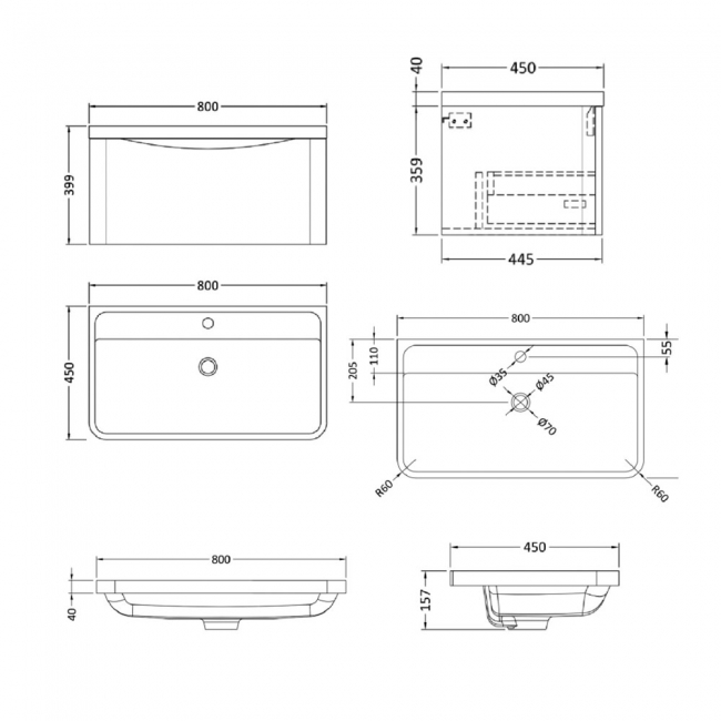 Nuie Lunar Wall Hung 1-Drawer Vanity Unit with Polymarble Basin 800mm Wide - Satin Green