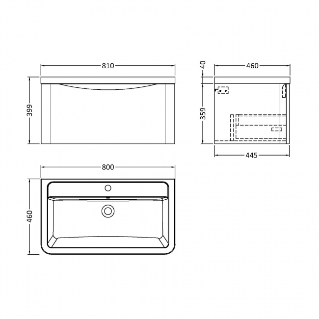 Nuie Lunar Wall Hung 1-Drawer Vanity Unit with Ceramic Basin 800mm Wide - Satin White