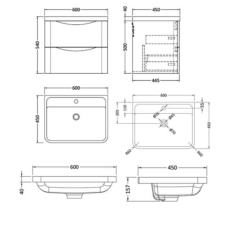 Nuie Lunar Wall Hung 2-Drawer Vanity Unit with Polymarble Basin 600mm Wide - Satin Green
